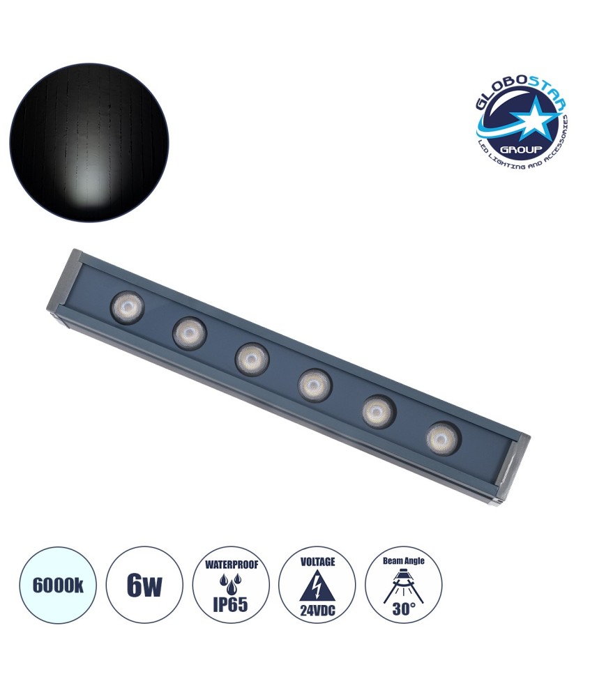 GLOBOSTAR® WASHERVAIA 90181 Μπάρα Φωτισμού Wall Washer LED 6W 720lm 30° DC 24V Αδιάβροχο IP65 Ψυχρό Λευκό 6000K Dimmable - Bridgelux SMD Chip - Γκρι Ανθρακί - Μ30 x Π4 x Υ5cm - 3 Χρόνια Εγγύηση